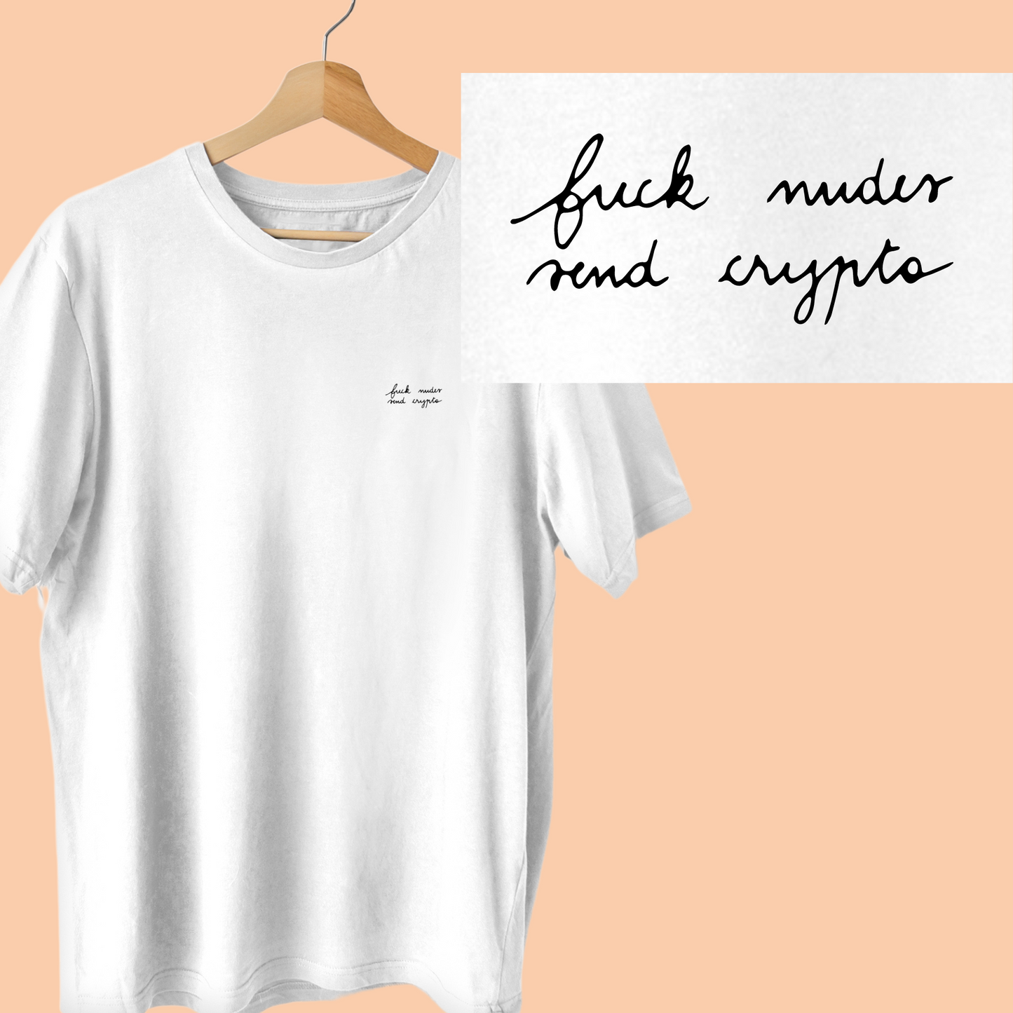 Découvre notre Tee-shirt CryptoStories x ColineisCool "Fuck Nudes Send Crypto" - une collaboration unique entre CryptoStories et l'artiste @ColineisCool. Porte fièrement cette expression artistique de la passion crypto, alliant l'esthétique minimaliste de ColineisCool et la vision cool de CryptoStories sur l'univers blockchain. le cadeau crypto parfait.